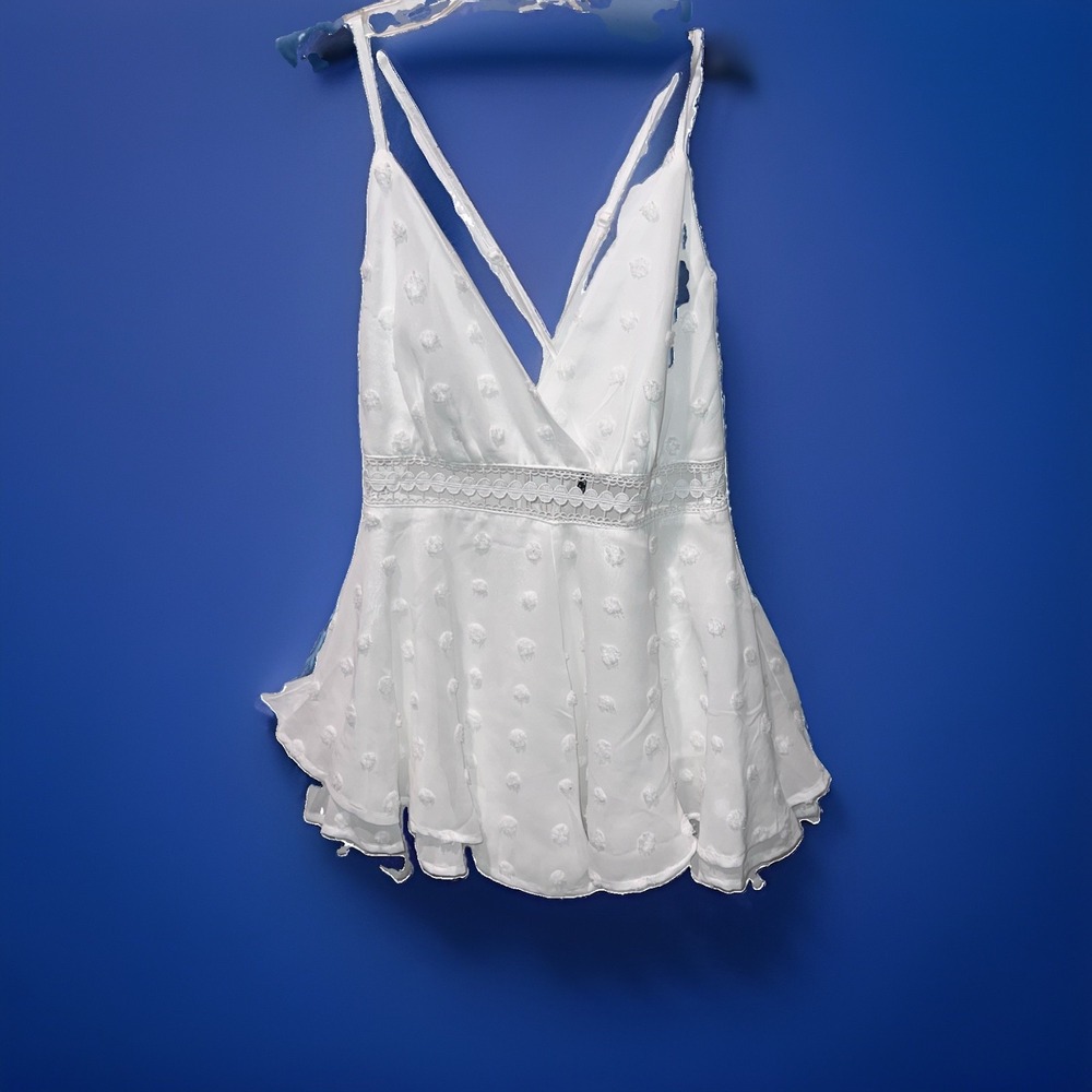 Tiered Ruffle Romper Spaghetti StrapCrossBack Crochet Insert White Boho Fairy XS